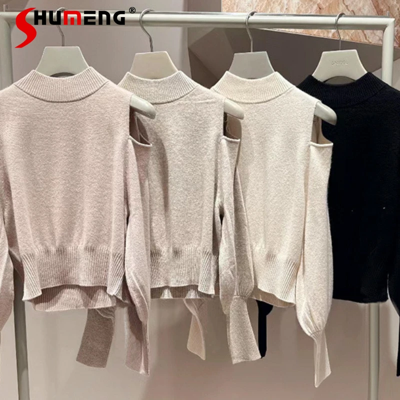 2023 Autumn Winter New Women's Clothing Elegant Round Neck Digging Off-the-Shoulder Puff Sleeves Wool Sweater Kawaii Clothes Top