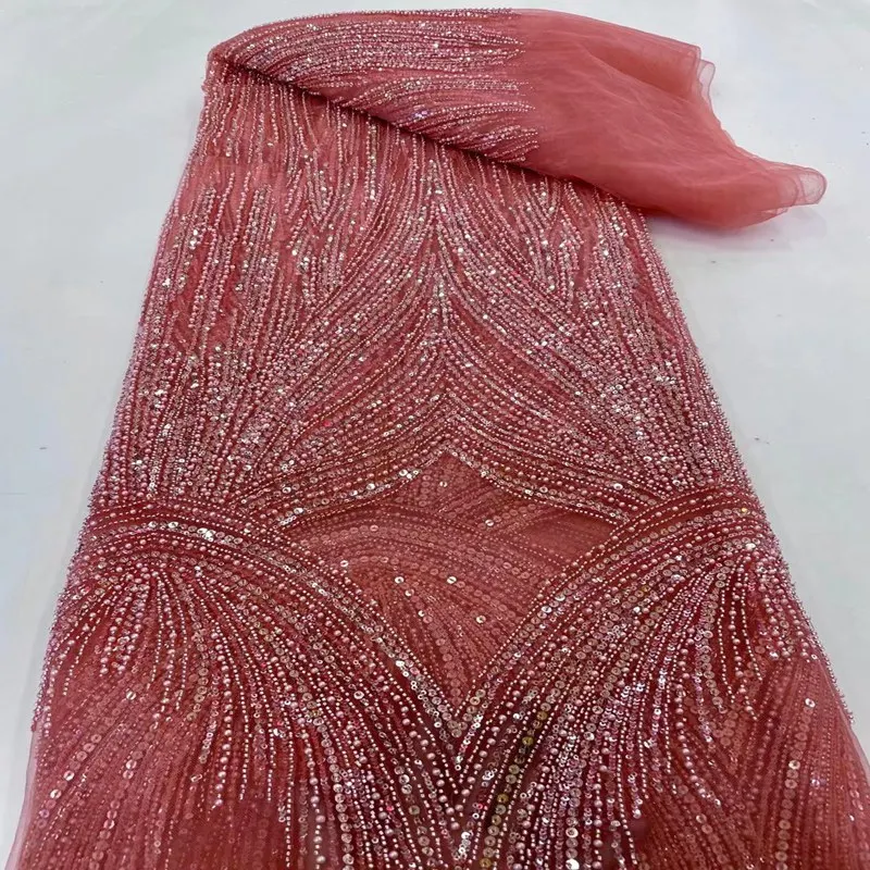 Nigerian French Sequins Lace Fabric Hot Sale Handmade Embroidered African Beaded Net Mesh Lace Fabric For Women Sewing TS2042