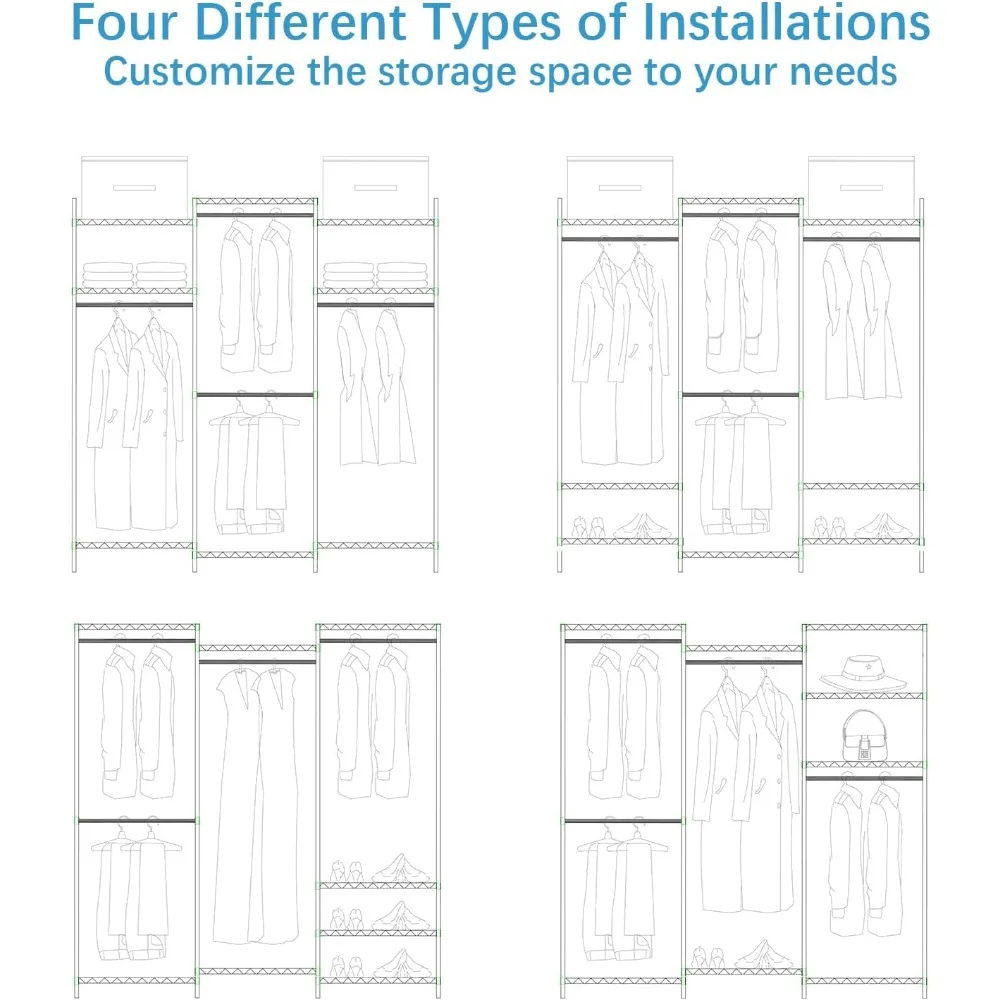 V5 Portable Closet Wardrobe Heavy Duty Clothes Rack, Freestanding Clothing Rack with 4 Hang Rods & 8 Shelves, Adjustable