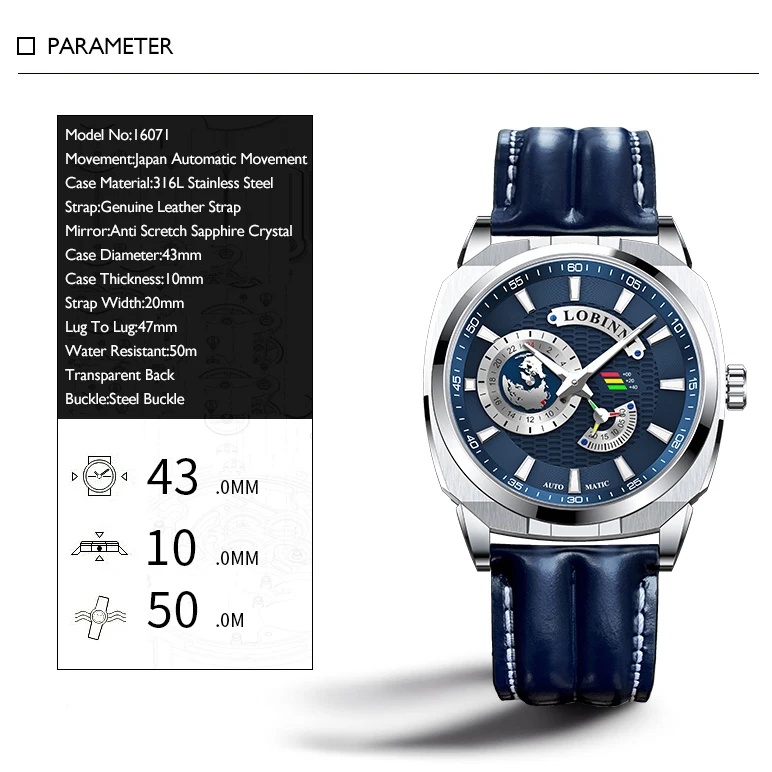 LOBINNI ساعات رجالي فاخرة 43 مللي متر ساعة أوتوماتيكية ميكانيكية ساعة اليد مقاوم للماء الياقوت مضيئة مربع حزام من الجلد