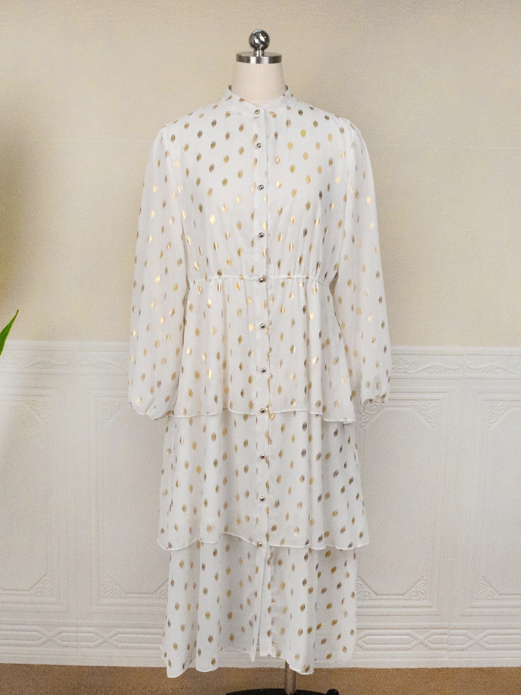 White Plus Size Dresses Polka Dot See Through Long Sleeve Ball Gowns Mid Length Chiffon Elegant Women Autumn Fashion Dress 3XL