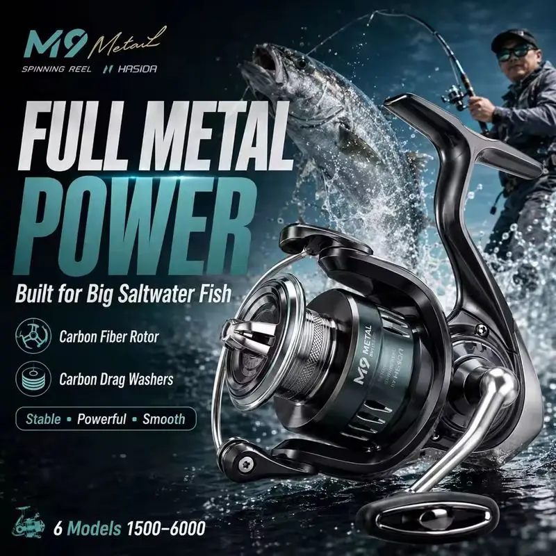 HASIDA M9 Spinning Reel Full Metal Saltwater Resistant Long Casting Offshore Boat Fishing Jigging High Line Capacity Anglers