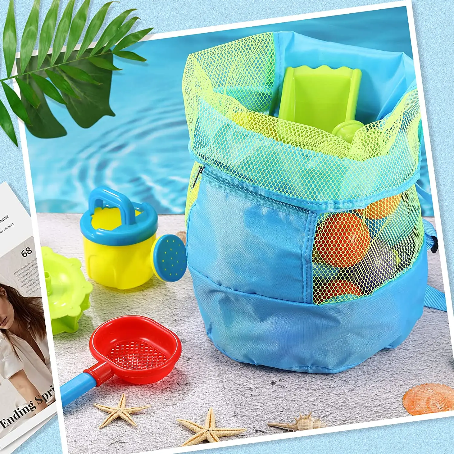 Kids Foldable Beach Mesh Bag Beach Storage Pouch Tote Bag Large Capacity Travel Toy Organizer Summer Portable Storage Backpack