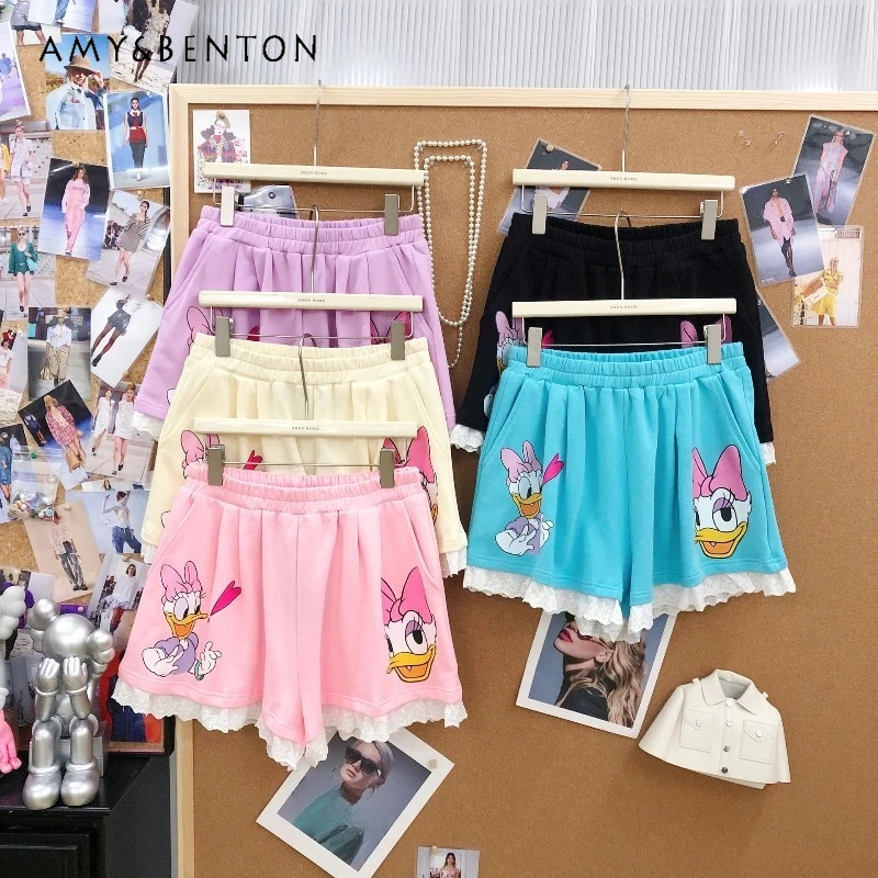 

Korean Style Trendy Brand Youthful Cartoon Print Design Short Pants Lace-trimmed Wide-leg Casual Shorts Y2k Clothes For Ladies