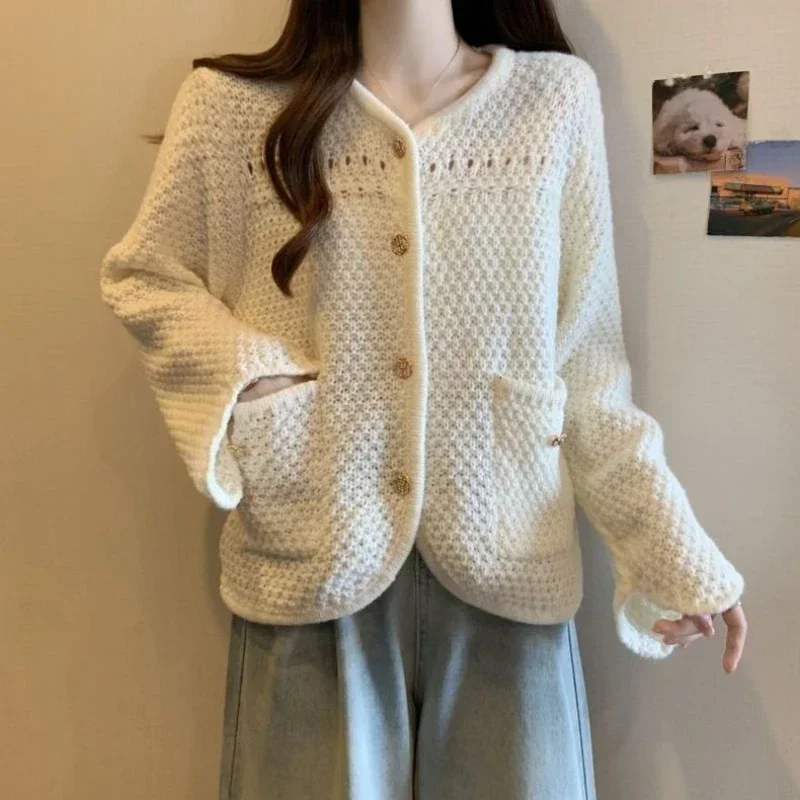 Knitted Top for Women Mesh Cardigan Ladies Sweaters Cute Kawaii Blue Clothing Trend 2024 Winter Thermal Blouse Y2k Vintage Cold