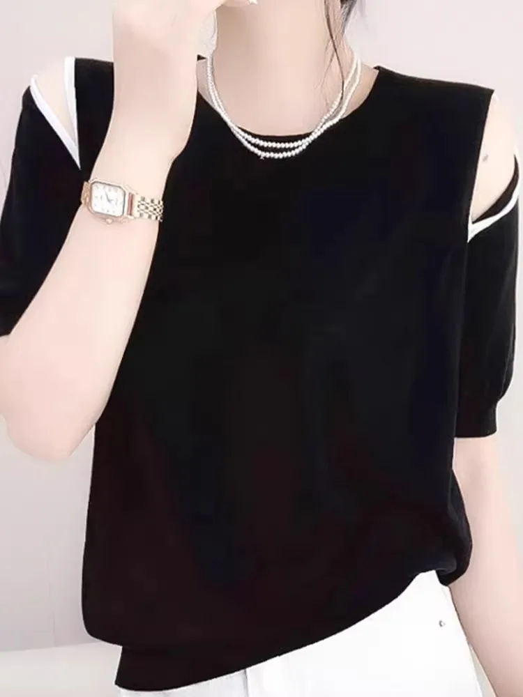 

Женский летний вязаный топ из ледяного шелка, легкий, роскошный, с ажурным дизайном, круглым вырезом, коротким рукавом, повседневный, удобный, модный.