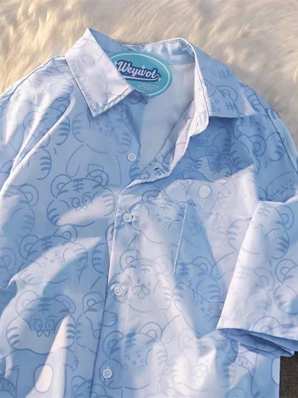 Chic Tiger Print Short Sleeve Oversize Loose Couple Shirt Korean Style Cotton Summer T-Shirt Men Women Fun Quirky Design