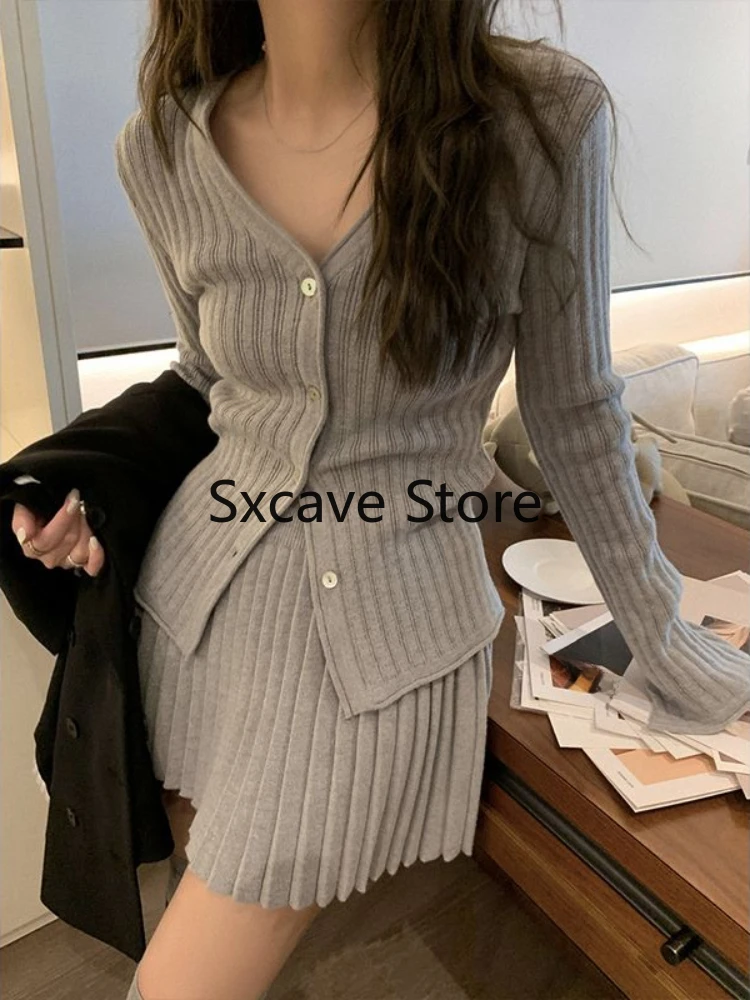 2023 Autumn Korean Knitted Sweater Suits Women Casual 2 Piece Skirt Set Elegant Cardigan + Pleated Mini Skirt Outwear Party Chic