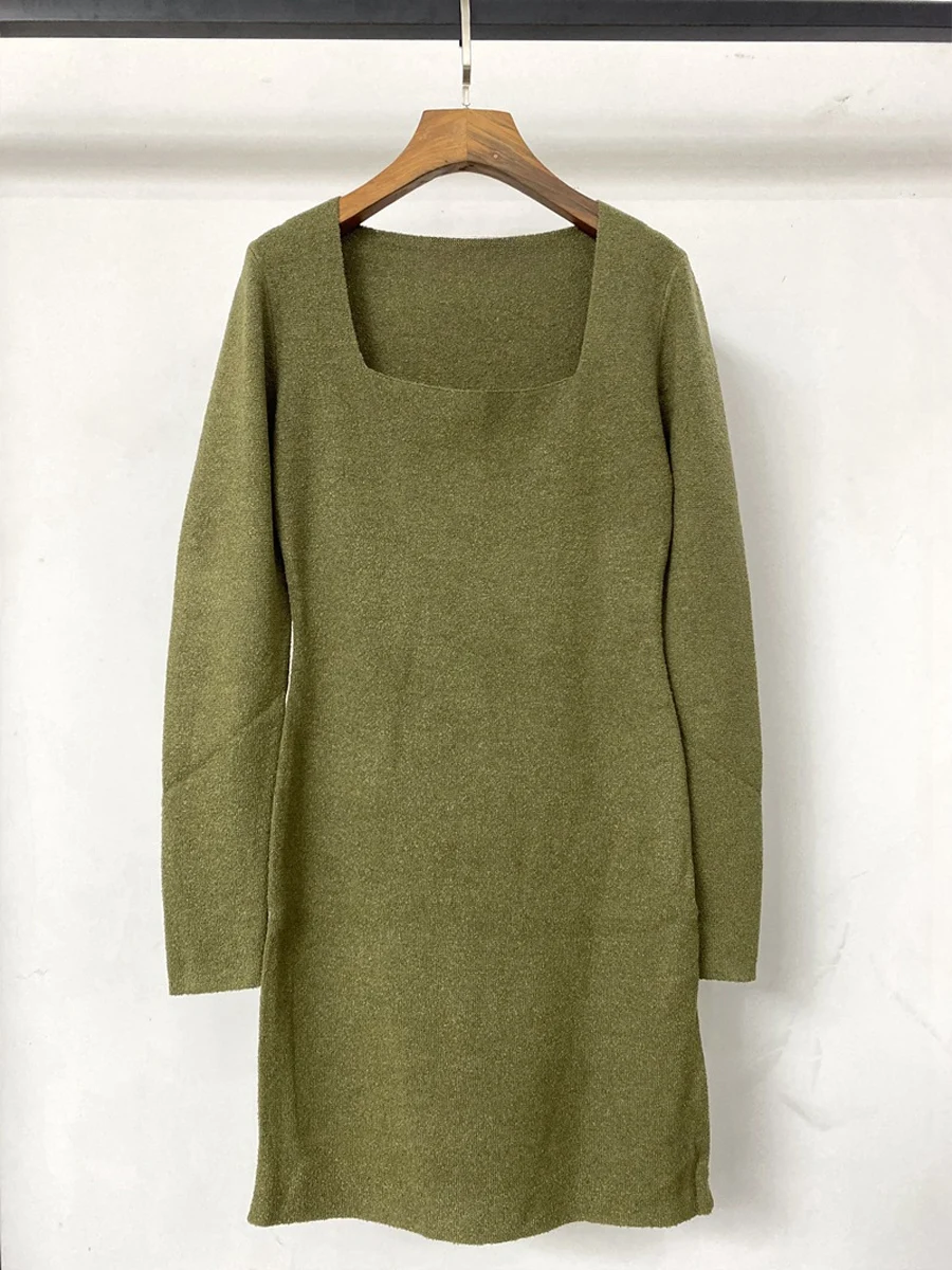 Women'S Long-Sleeve Knitted Bodycon Dress – 2026 Autumn/Winter New Arrival: Square-Neck, Chic, Form-Fitting Style