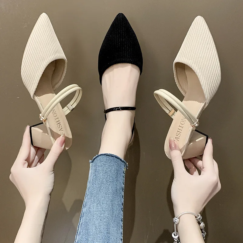 

Summer New Women's Two-Wear Non-slip Sandals Pointed Toe Thick Heel Comfortable Elegant Fashion Slippers Sexy Zapatos De Mujer