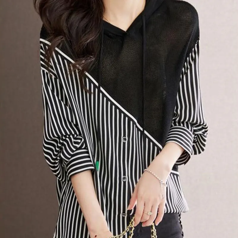 High Street Striped Patchwork Knitted Shirt Female Clothing Hooded Drawstring Spring Autumn Long Sleeve Korean Loose Midi Blouse