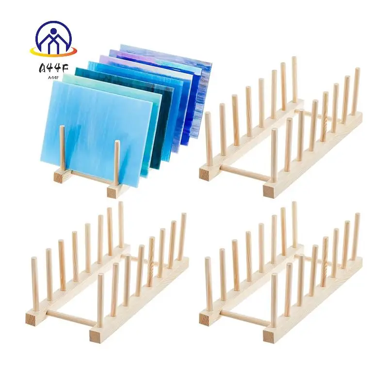 A44F-4 Piece Glass Storage Box Bamboo Dish Rack Suitable For Colored Glass Dishes Bowls Cups Books Pot Lids