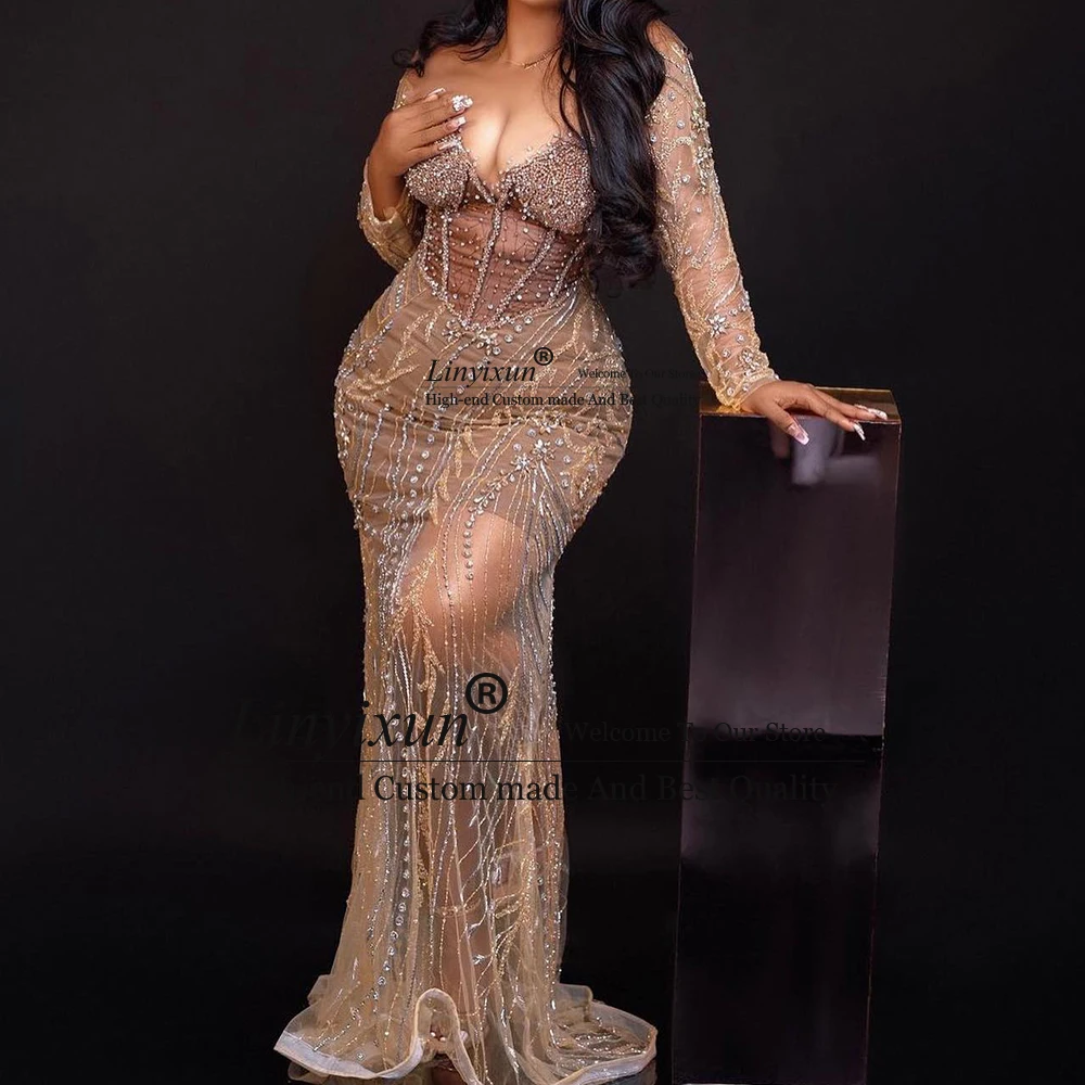 Bodycon Crystal Prom Jurken Zwart Meisje Lange Mouwen Zeemeermin Avondjurk 2026 Aangepaste See Through vestidos para noite