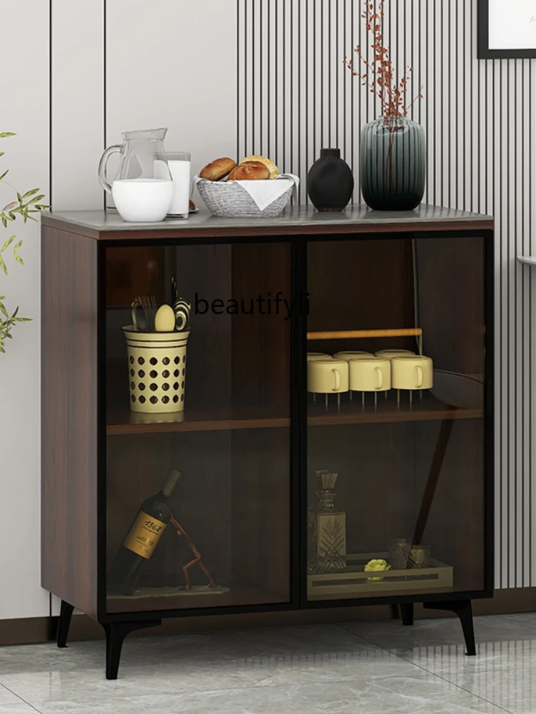 LBX Double Door Storage Organizer Brown Glass Cabinet Household Restaurant Solid Wood Light Luxury Wall Sideboard Cabinet