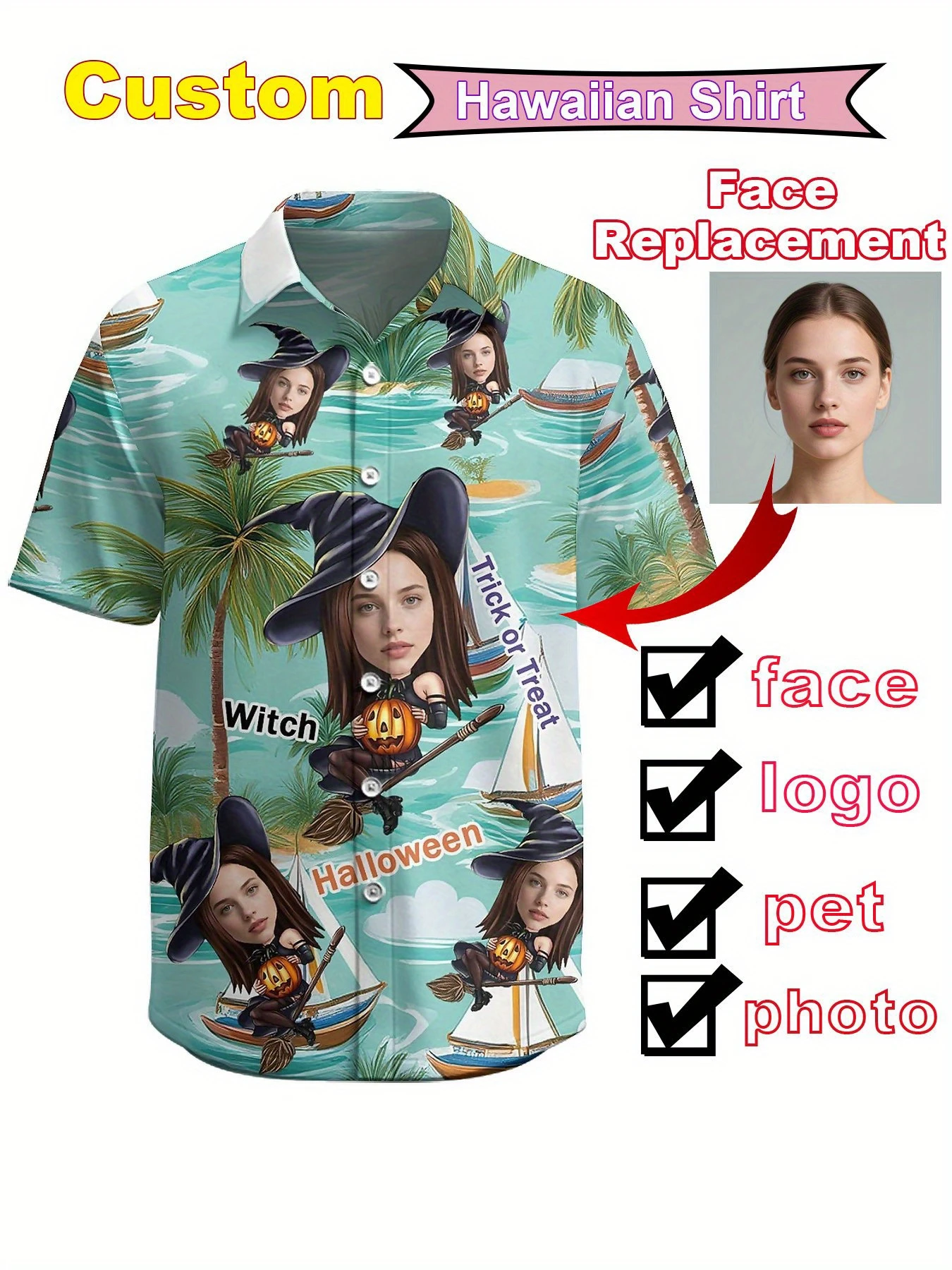 Halloween Customizable Face Pet Logo Photo Printed Clothing Diy Pumpkin Trick Or Treat Unisex Shirts For Men Clothes Custom Tops