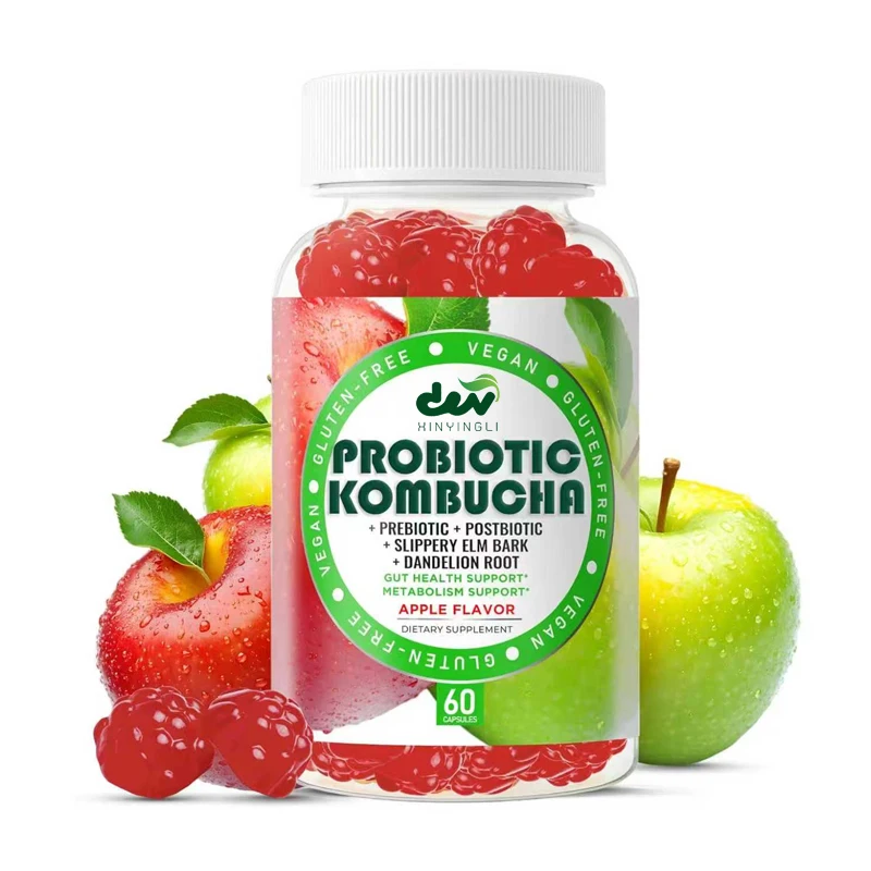 Gomitas probióticas Kombucha: promueven la salud intestinal, el hinchazón y el apoyo metólico - sabor vegetariano de manzana sin gluten