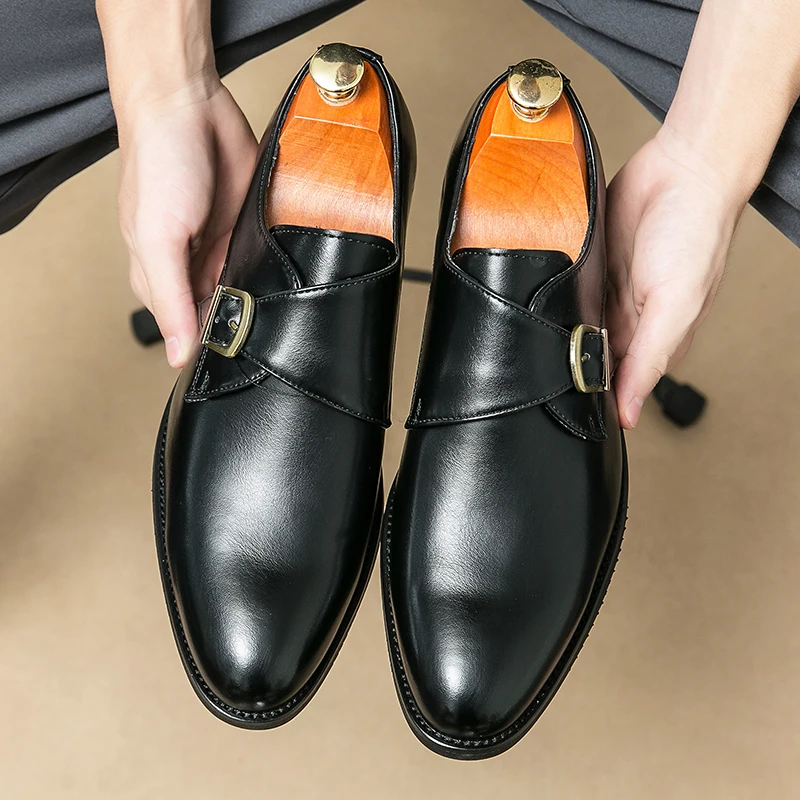 

New Black Loafers for Men Brown Buckle Strap Solid Round Toe Pu Leather Men Shoes Size 38-46 Men Dress Shoes