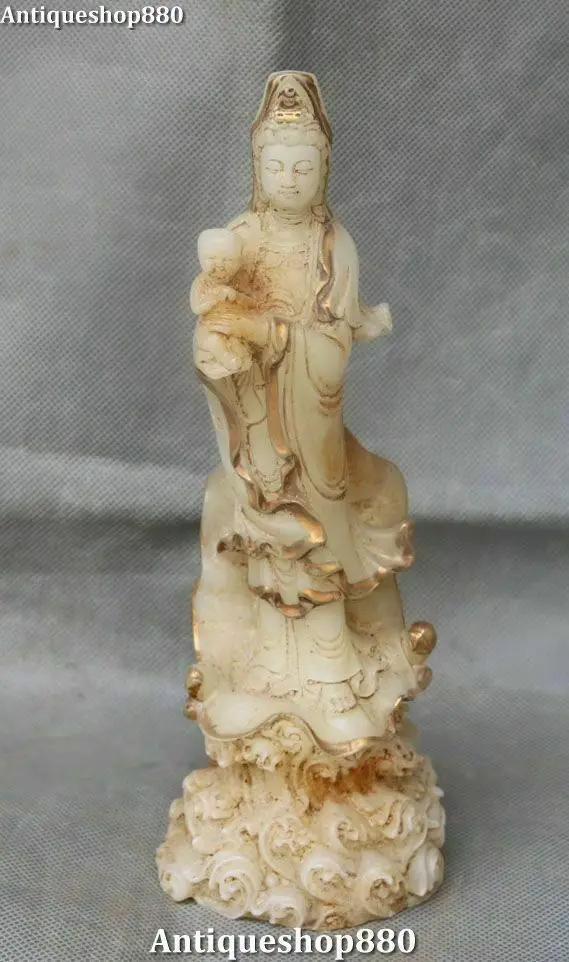China Old Jade Gilt Carving Send Son Kwan-yin Guanyin Quan Yin Goddess Statue