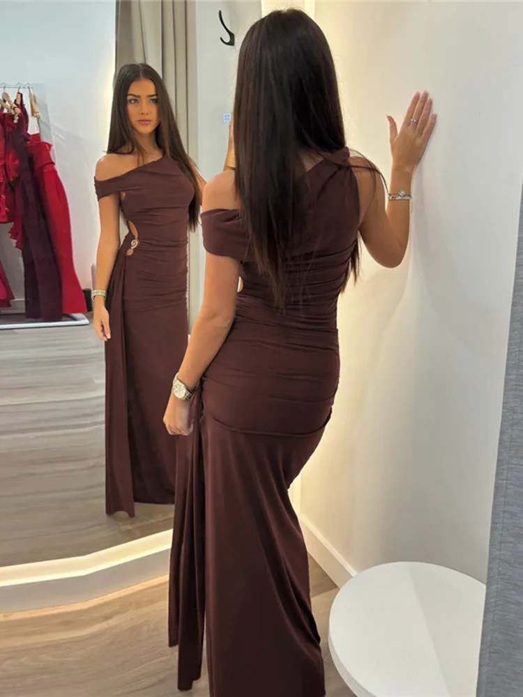 Mozision Oblique Shoulder Backless Sexy Maxi Dress For Women Fashion Off-shoulder Sleeveless High Waist Bodycon Club Long Dress