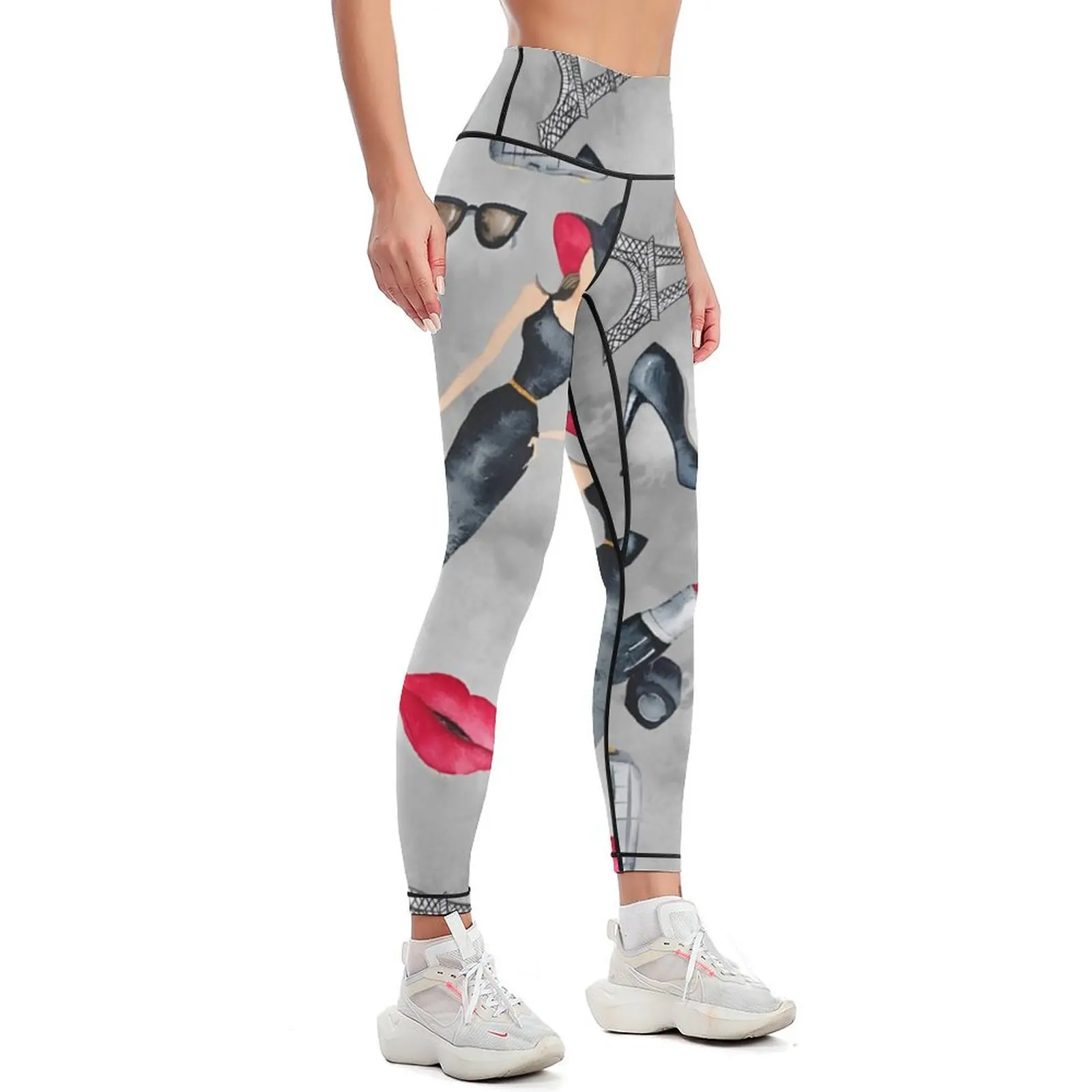 Calças de ioga com impressão de elementos da moda, leggings de treino de controle de estiramento de cintura alta feminina