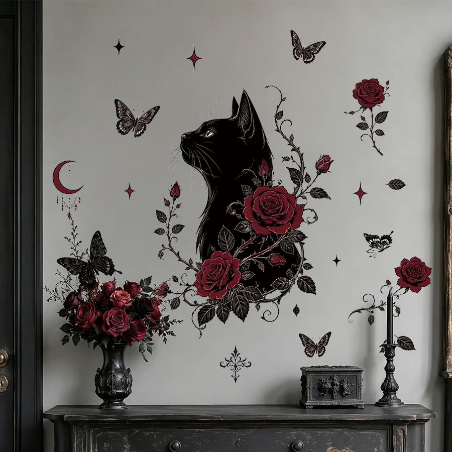Gothic Black Cat & Red Rose Wall Sticker, Dark Aesthetic Cat & Moon Wall Decal  for Bedroom & Living Room Decor
