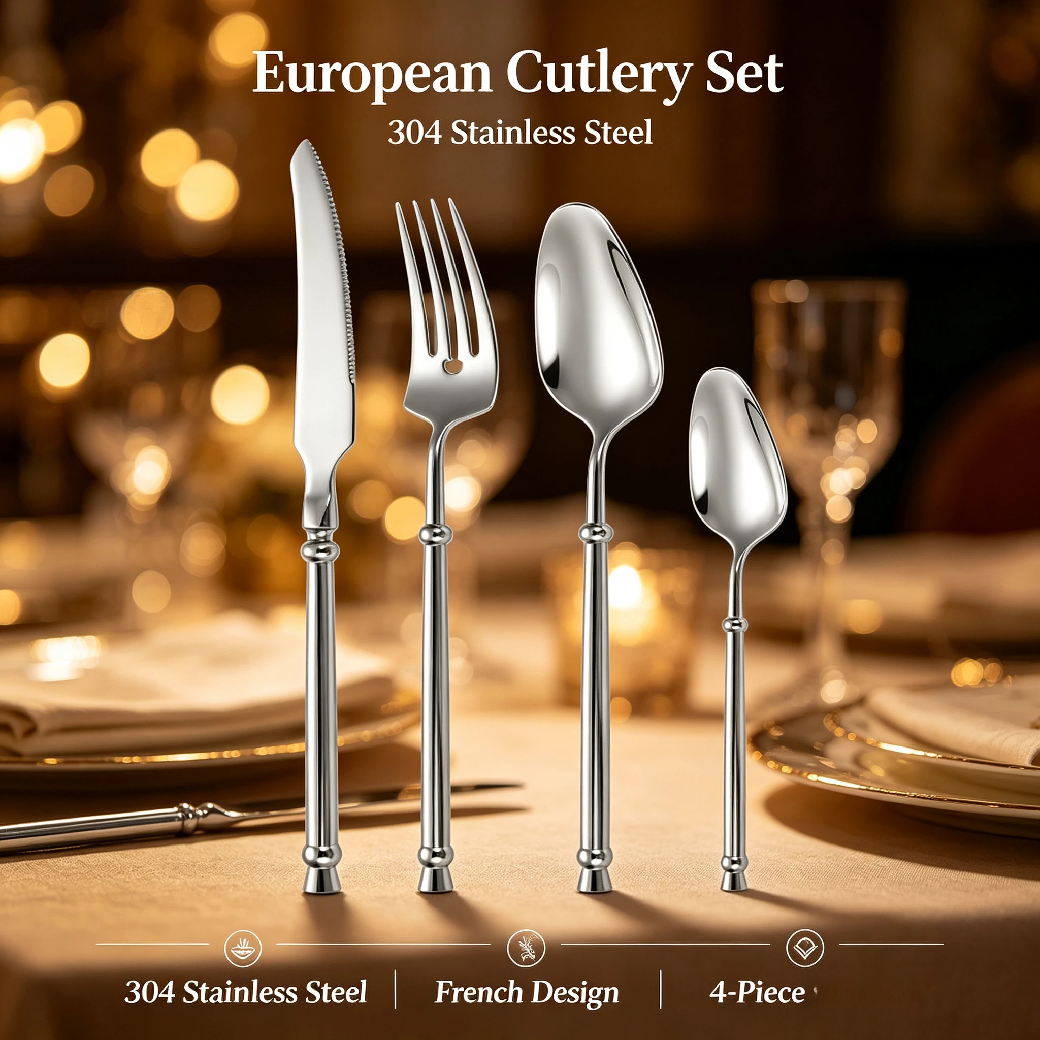4pcs European 304 Stainless Steel Cutlery Sets French Tableware Knife Fork Spoon and Teaspoon Restaurant Full Dinner Service