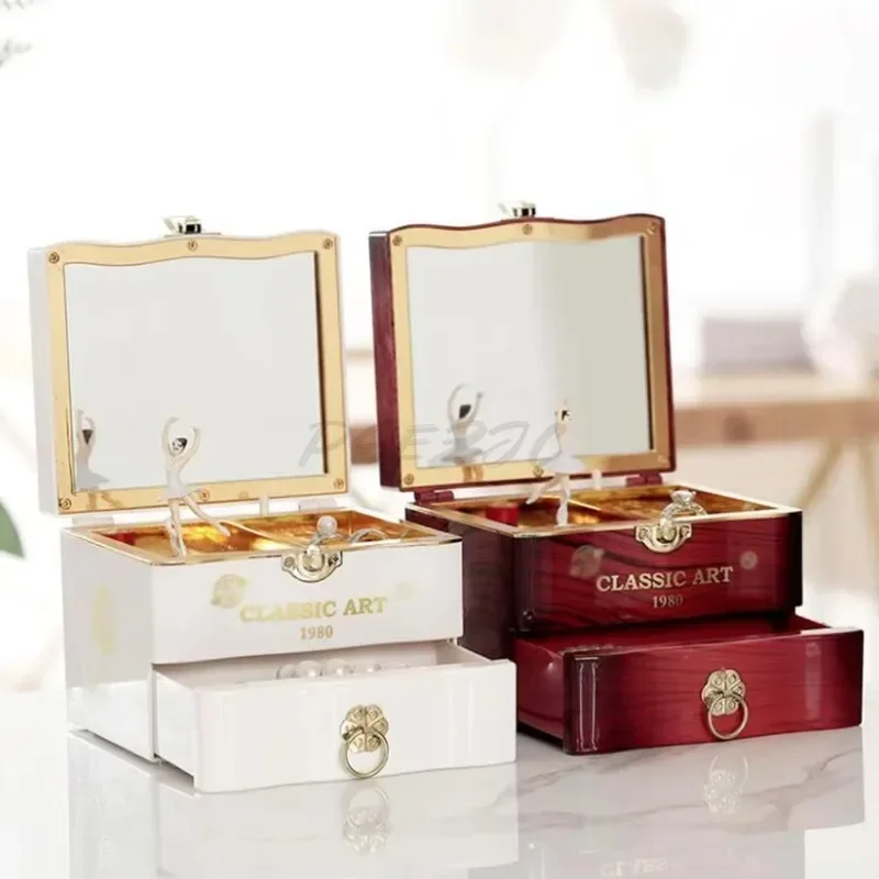 Classic Rotating Music Box Creative Dancing Girl Clockwork Jewelry Storage Box with Mirror Ornaments Birthday Christmas Gifts