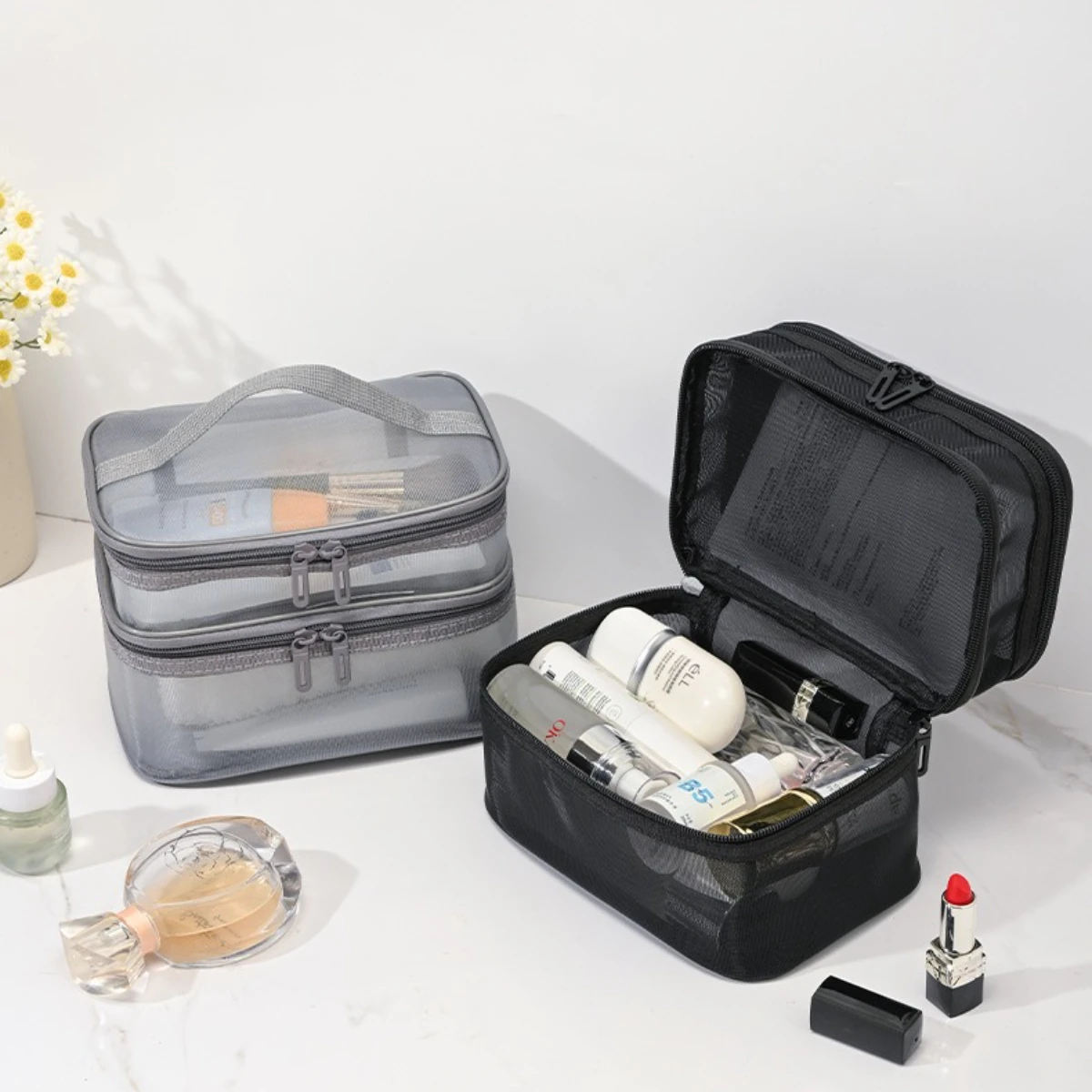 Sac de toilette portable en maille transparente, grande capacité, avec compartiments, élégant, pour le voyage et le rangement de maquillage
