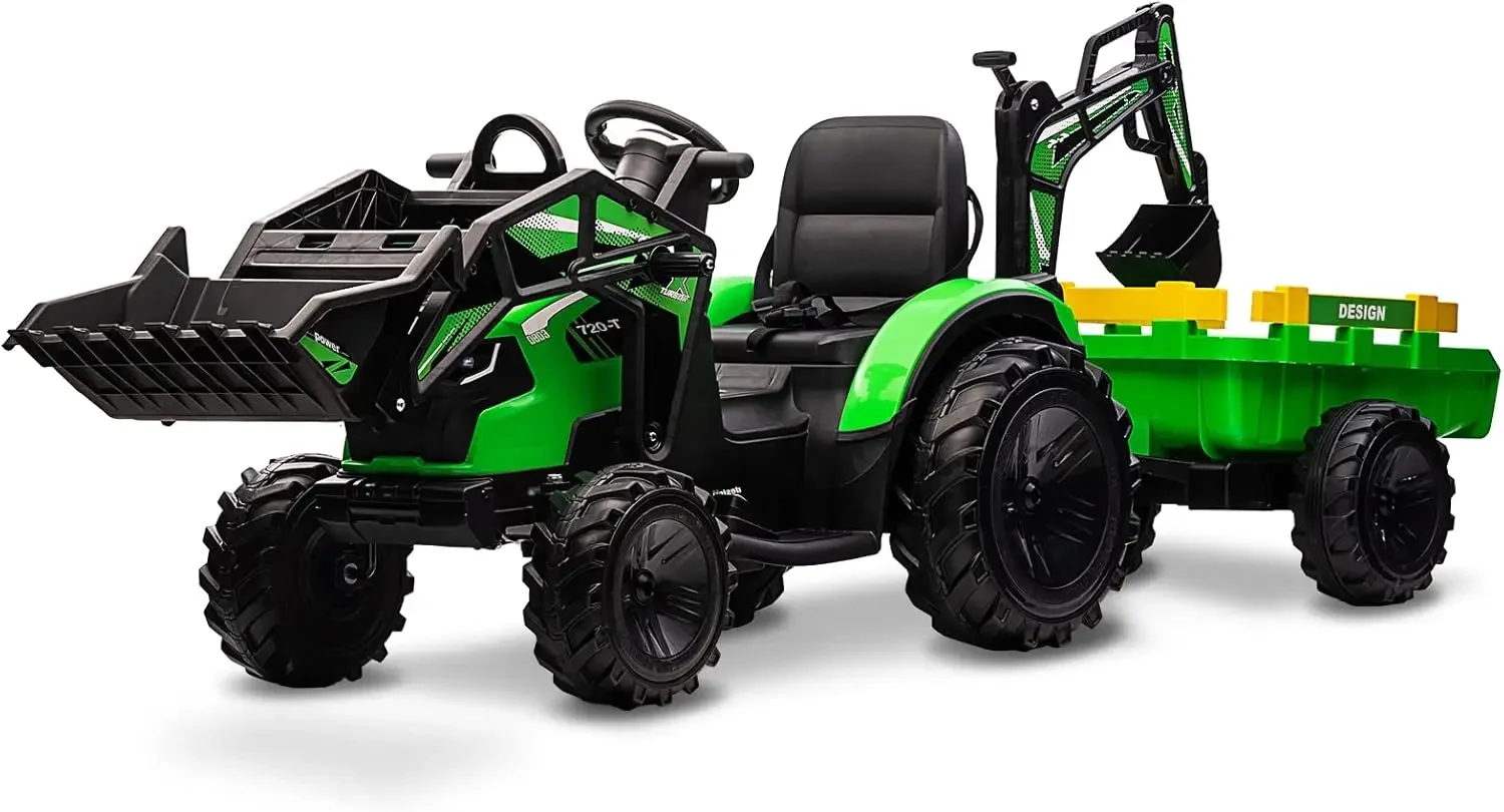 3 in 1 Kids 24V Ride on Tractor, Excavator & Bulldozer, Electric Vehicle w/Trailer, Digger, Shovel Bucket, Remote Control