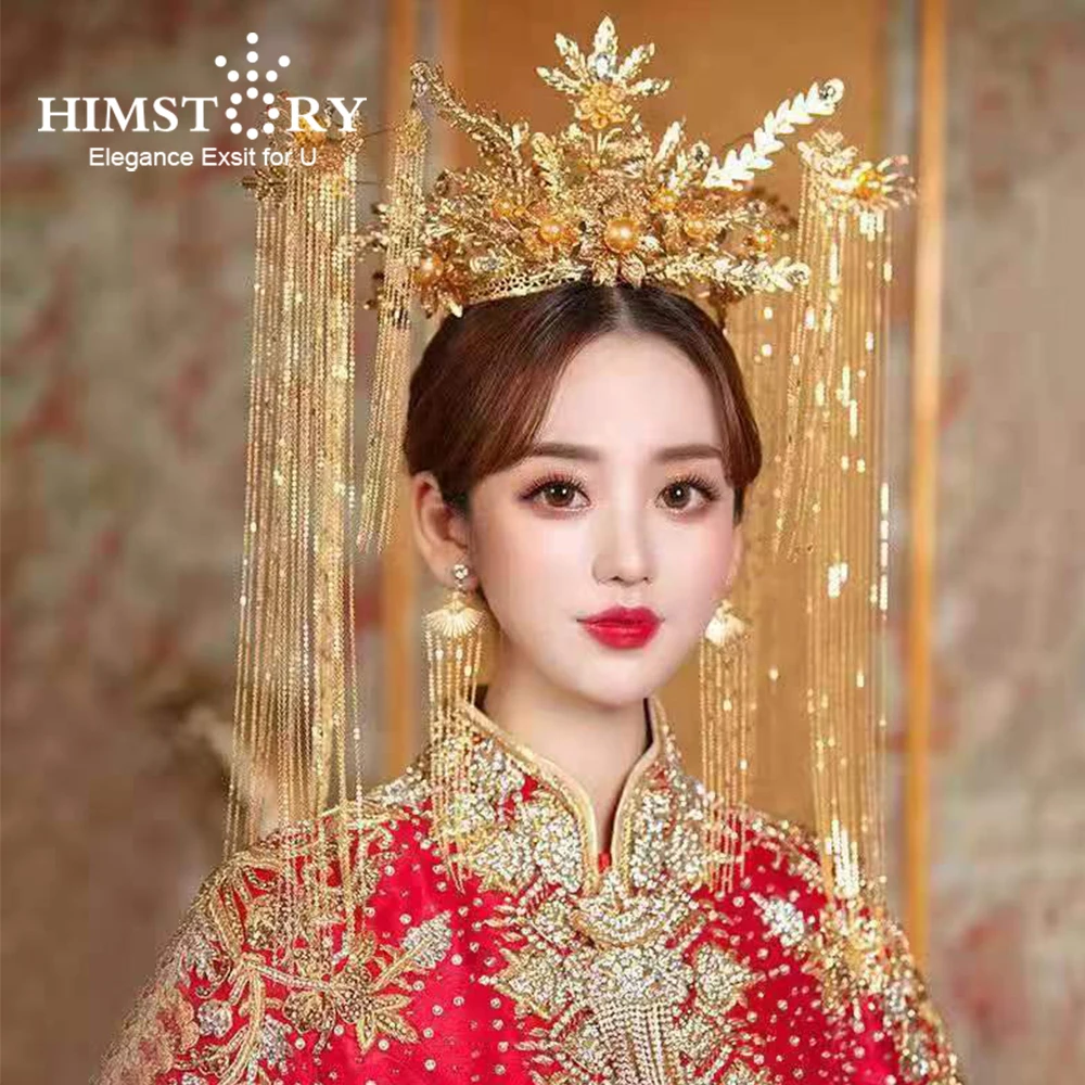 

Himstory Golden Chinese Traditional Bridal Headdress Jewelry Long Tassel Xiuhe Wedding Bridal Headpiece Accessories