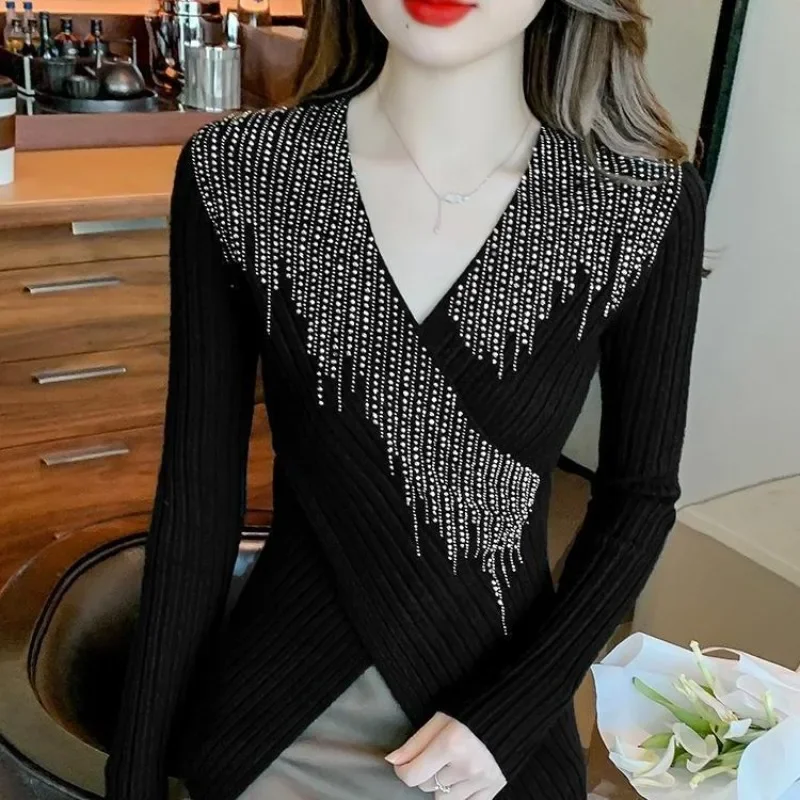 Облегающие женские пуловеры со стразами в стиле Харадзюку, одежда для работы, дешевый топ, оригинальный корейский модный осенний женский вязаный свитер