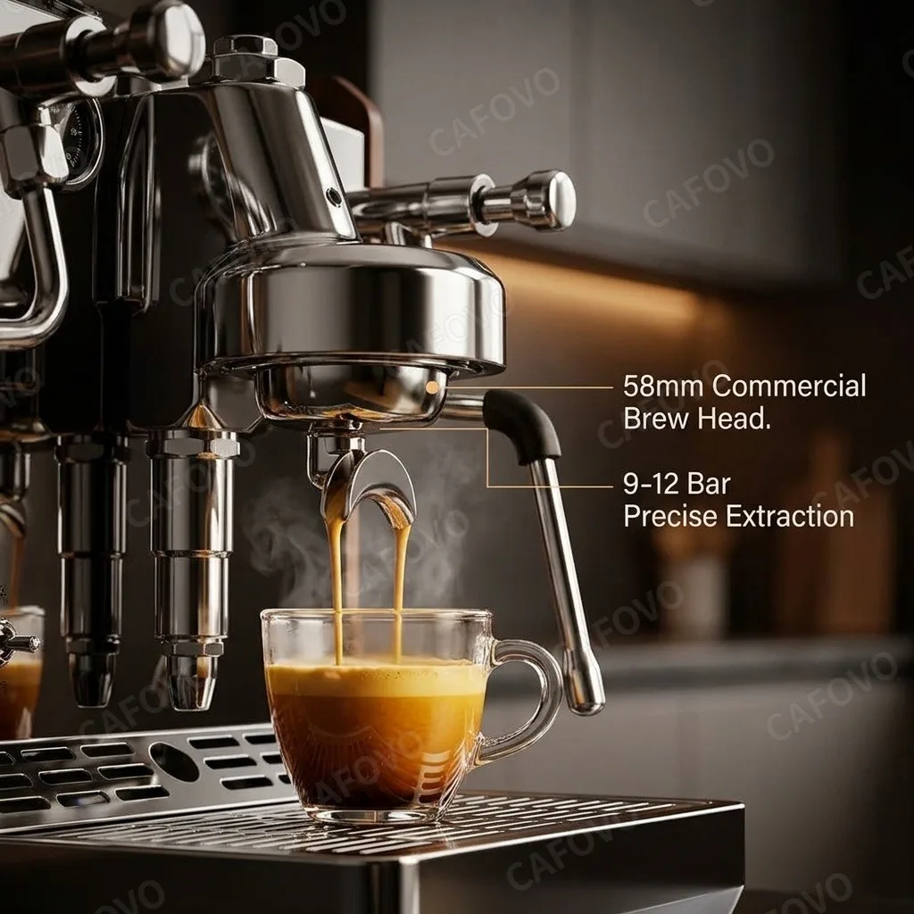 CAFOVO E109: máquina de café espresso semiautomática con 9-12 bares de presión, portafiltro de 58 mm, control PID, vaporizador y 1850 W, 220 V.
