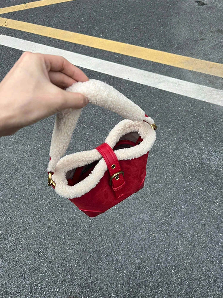 Autumn Winter Plush Mini Bucket Bag Retro Suede Splicing Handbag New Versatile Commuter One Single Shoulder Small Square Bags