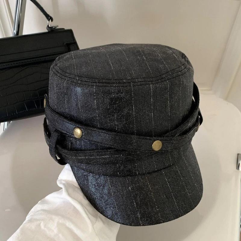 Koreanischer Retro-Stil Gestreifter Schwarzer Flacher Reiterhut für Damen, Neuer Herbst-Temperament-Vielseitiger Baskenmützen-Stil mit Weicher Krempe, Newsboy-Kappe – Detail 2
