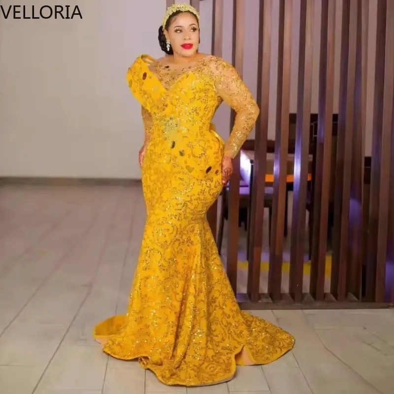 

Золото-желтое вечернее платье русалки с длинными рукавами и бисером Вечернее платье для выпускного вечера Облегающее вечернее платье с пышными плечами и шлейфом по индивидуальному заказу