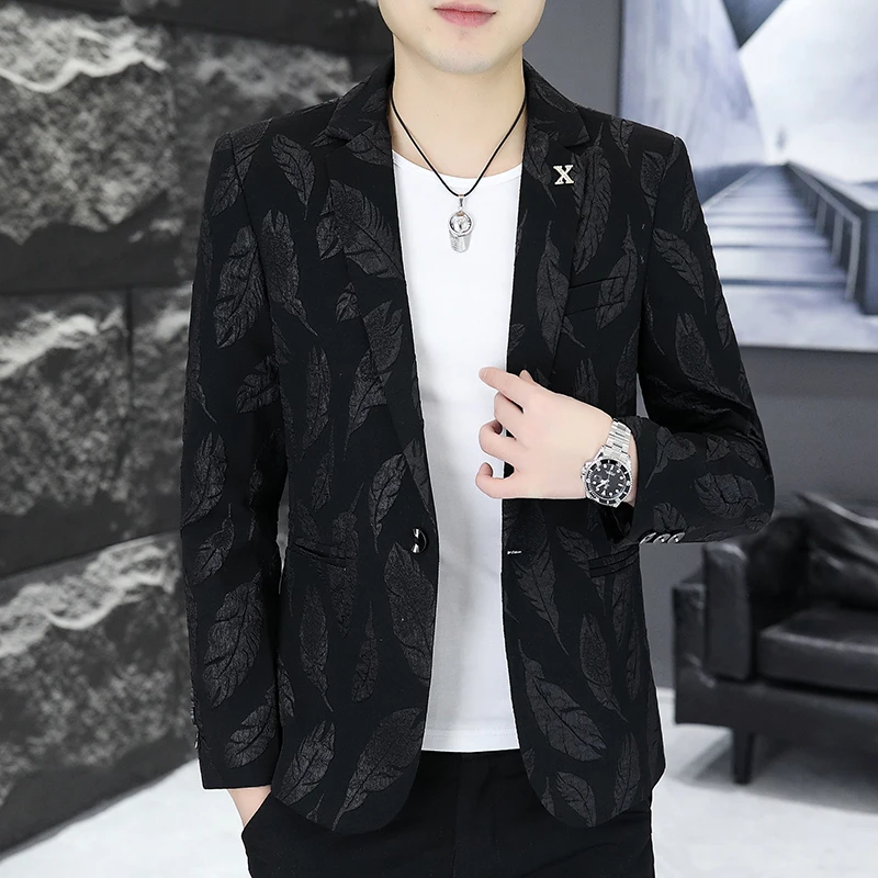 2024 Autumn Leaf Jacquard Men Blazers Slim Fit Casual Business Suit Jackets Korean Fashion Social Office Party Blazers Tops