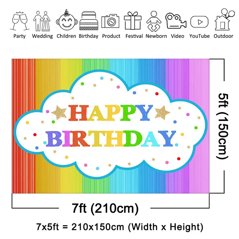 Mocsicka Rainbow Happy Birthday Photograph Backdrop Cute Cloud Star Baby Shower Decoration Background Portrait Photo Studio Prop