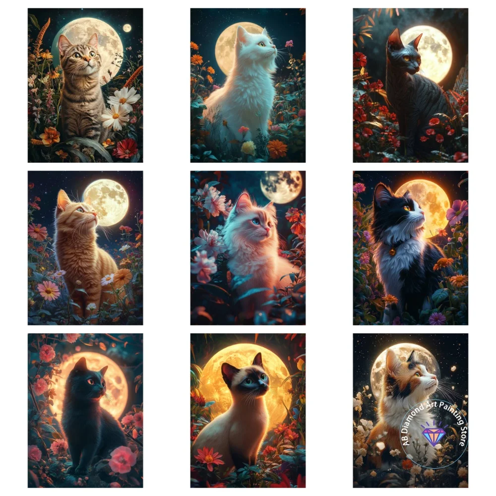 

Full Moon Cat Animal AB Diamond Painting Kit Square Round Diamond 5D DIY Cross Embroidery Handmade Art Exquisite Gift Home Decor