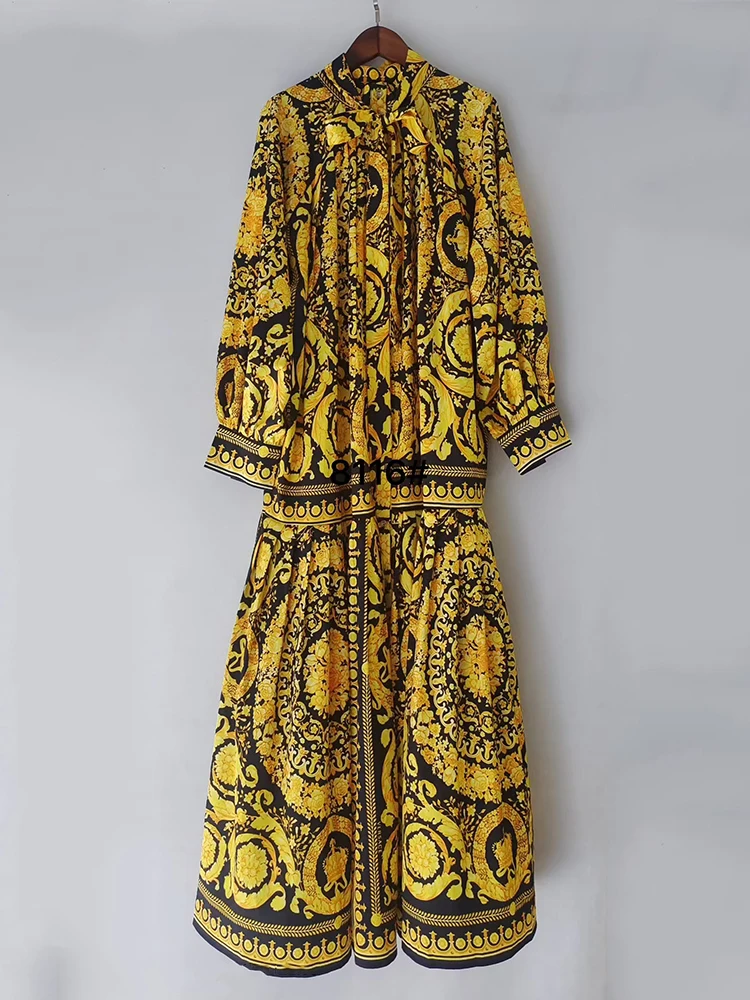 Designer Retro Geometrischer Druck Schnürung an der Taille Langes Kleid 2026 Frühling Damen Hemdkleid Mode Locker Übergroß Flauschiger Rock
