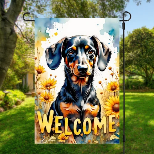 Dachshund Blk/Tan Dog Sunflowers Garden Flag Double Sided 12