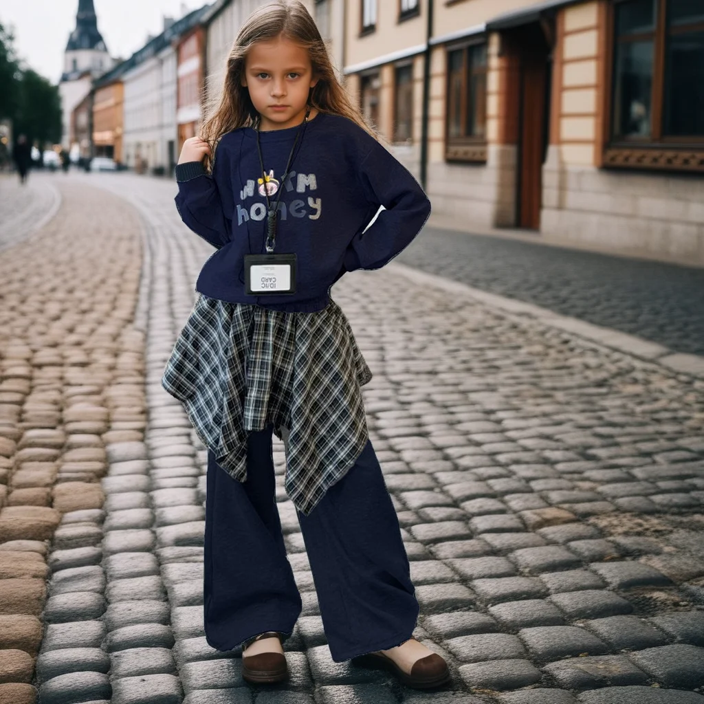 

2025 Girls Autumn Outfits Set Stylish Graphic Sweatshirt Casual Pants with Plaid Skirt 2pcs Trendy Teen School Children Costumes