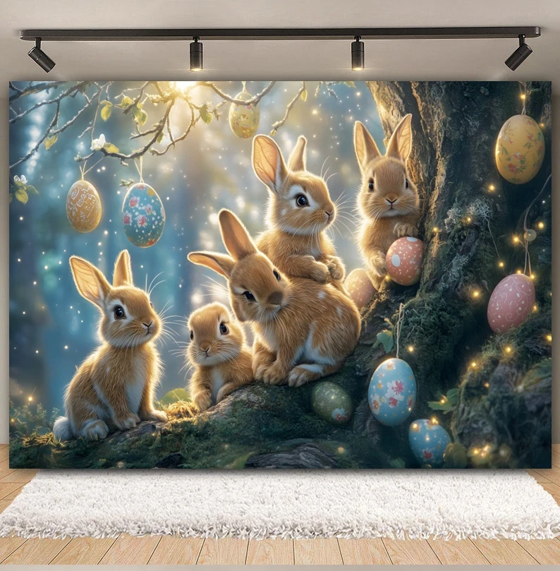 Spring Easter Backdrop Forest Bunny Egg Rabbit Flower Easter Day Kids Birthday Baby Shower Photography Background Photo Studio