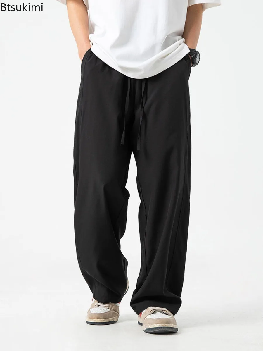 2025 New Summer Ice Silk Casual Pants Men Lightweight and Breathable Fashionmiddle Waist Slacks Straight Loose Drape Trousers