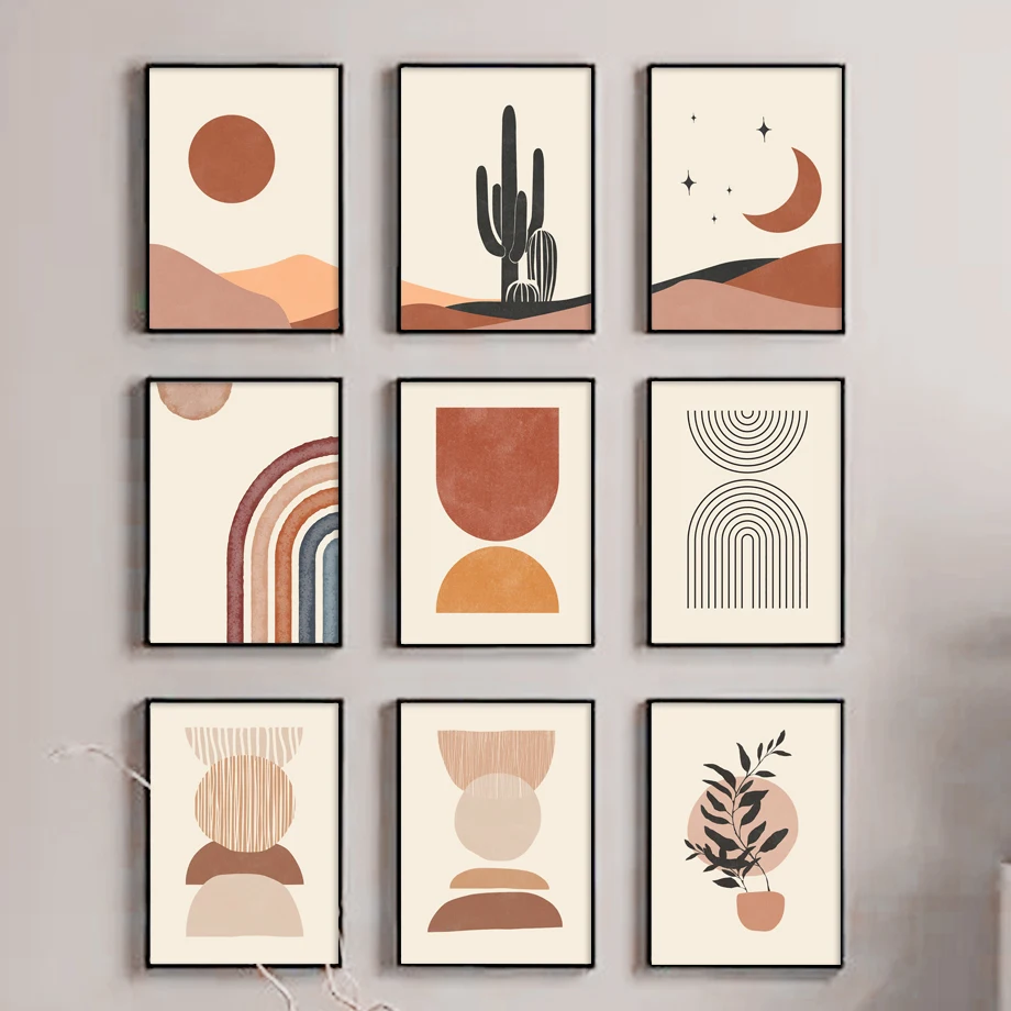 Desert Sun Moon Cactus Geometry Scenery Wall Art Canvas Painting Abstract Posters And Prints Pictures For Living Room Home De