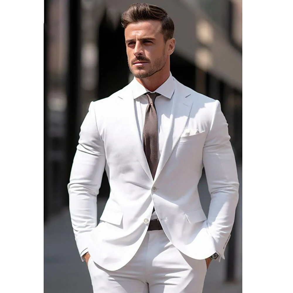 Formal White Men Suits Elegant Groom Full Set Single Breasted Notch Lapel Chic Wedding Party 2 Piece Jacket Pants Costume Homme