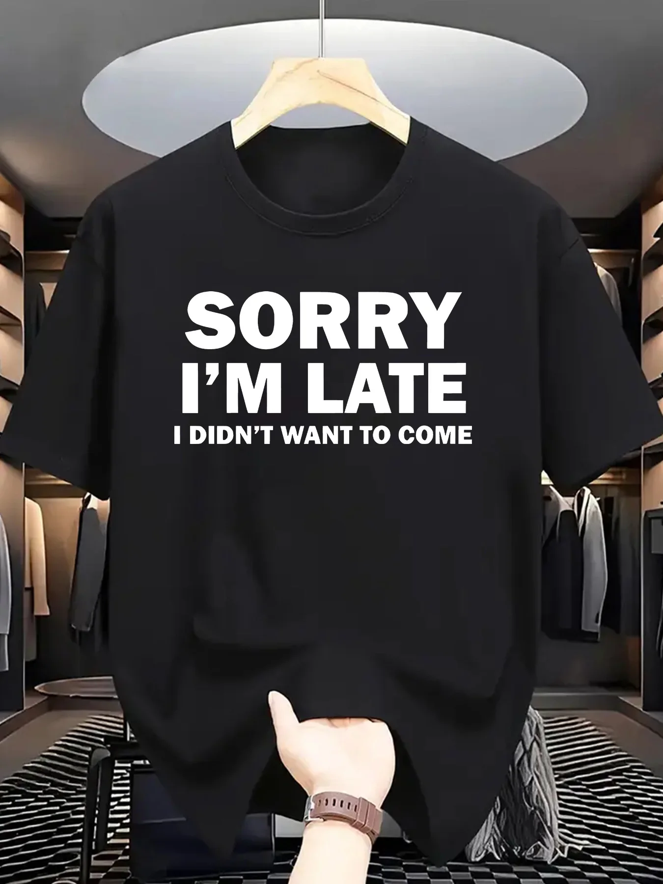 

Men'S "Sorry I'm Late, I Didn't Want to Come" Graphic Shirt，Casual Crew Neck, Short Sleeve, Lightweight & Breathable Summer Tee