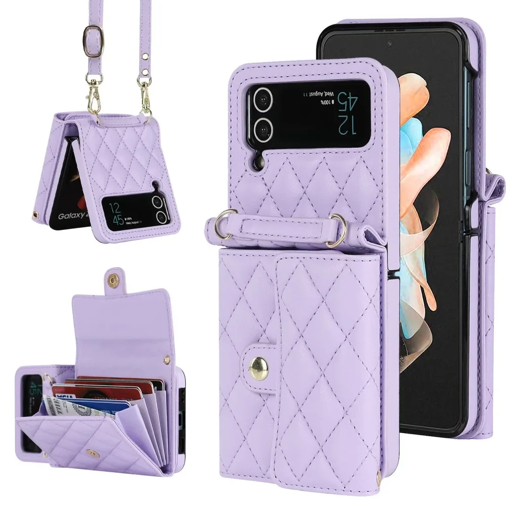 Magnetic Card Case with Solid Color Phone Cover for Samsung Galaxy Z Flip7 & Z Flip6 & Z Flip5 with Detachable Shoulder Strap