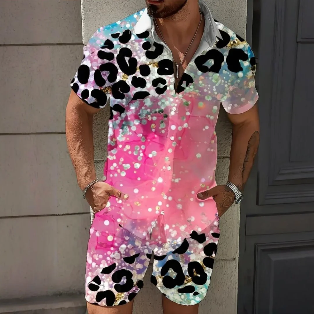 

Градиентный мужской комплект рубашек с 3D принтом, модная рубашка с коротким рукавом, топ, уличные шорты, Гавайская летняя мужская одежда, комплект из двух предметов