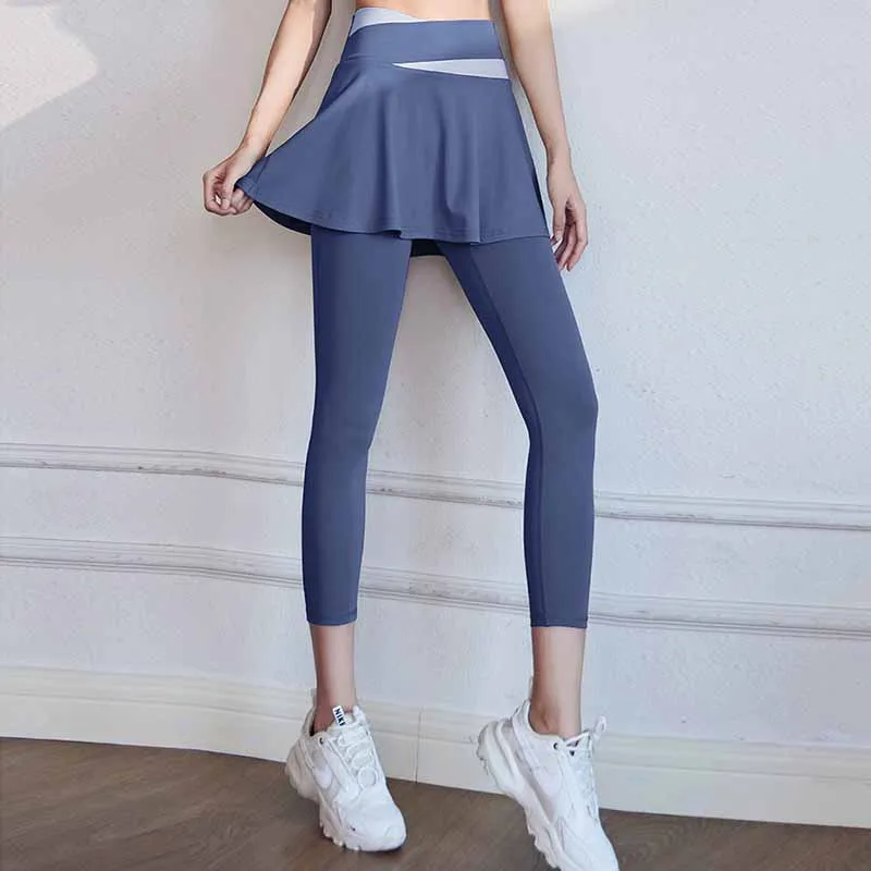 Fitness Yoga Pants With Skirt Women Fake Two Pieces Sports Leggings Gym Push Up Patchwork Crossover High Waist Tight Pants 2024