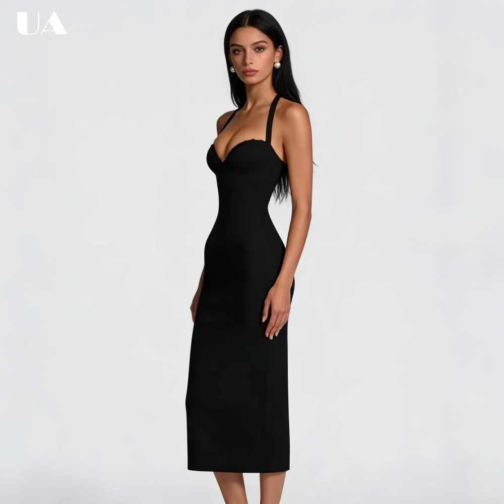 

Elegant Halterneck Sleeveless Lace-up Midi Prom Dress, Classic Solid Sheath Long Dresses for Women, Trendy Zipped Party Dress